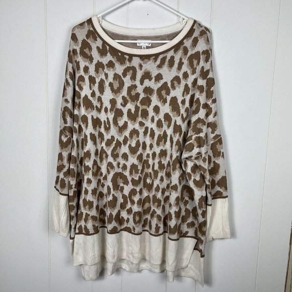 Wonderly Women Knit Sweater XL White Animal Print Drop Dolman Sleeve Tunic - Picture 1 of 11